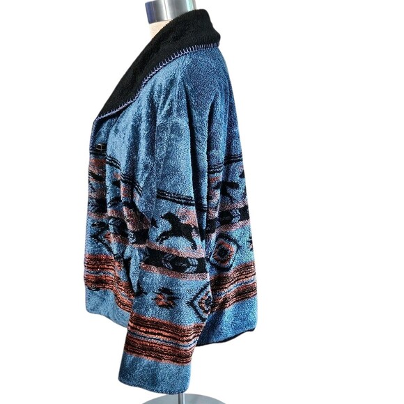 Country Woods Fleece Jacket Size L Blue Southwestern Pattern Horses Button Front - Picture 4 of 10